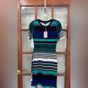 NEW Iris Basic Women’s BodyCon Dress Striped Knit Blue Green Spring Short Sleeve